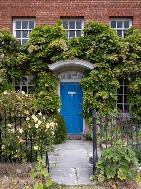A charming front garden in an urban setting features a vibrant blue door set into a red-brick building. The door is framed by an elegant white arch and numbered '55'. Surrounding the doorway, lush green foliage and climbing plants, likely hydrangeas and ivy, cover much of the facade, creating a natural canopy. A narrow paved pathway leads up to the entrance, flanked by black wrought-iron railings and a variety of flowering plants and shrubs, including pale pink and cream roses on the left and purple-flowered perennials on the right. The garden beds are filled with a mix of textured leaves and blooming flowers, adding color and depth. The overall scene suggests careful garden maintenance, with neatly trimmed plants and a tidy pathway, typical of professional landscaping work by Gardeners Catford. The natural light illuminates the scene evenly, highlighting the garden’s lush greenery and charming cottage-style aesthetic, illustrating a well-kept and inviting outdoor space suitable for outdoor care and lawn maintenance.